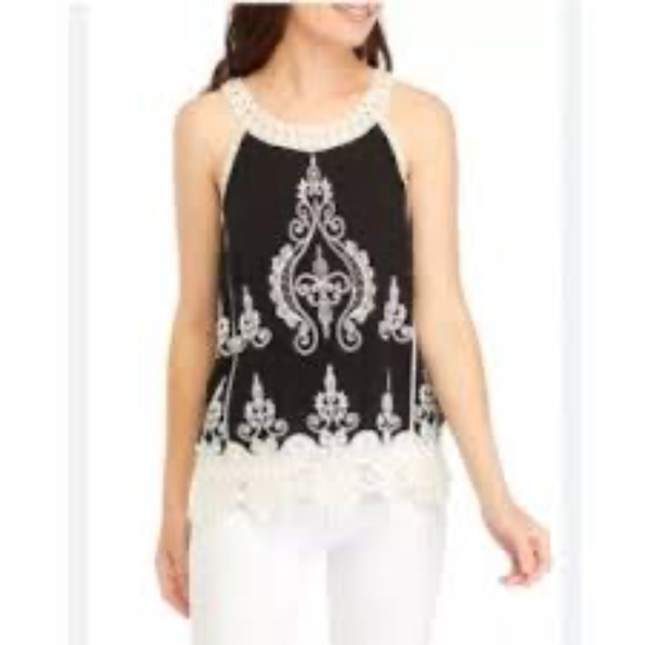 EUC- BOHO Black and Cream Crochet Embroidered top Size Medium by Ultra Pink - Picture 1 of 5